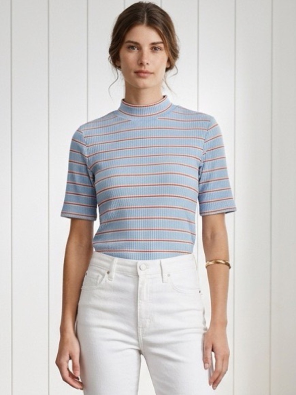 NWT Anthropologie Blue Striped Ribbed Mock Neck Tunic Top XL